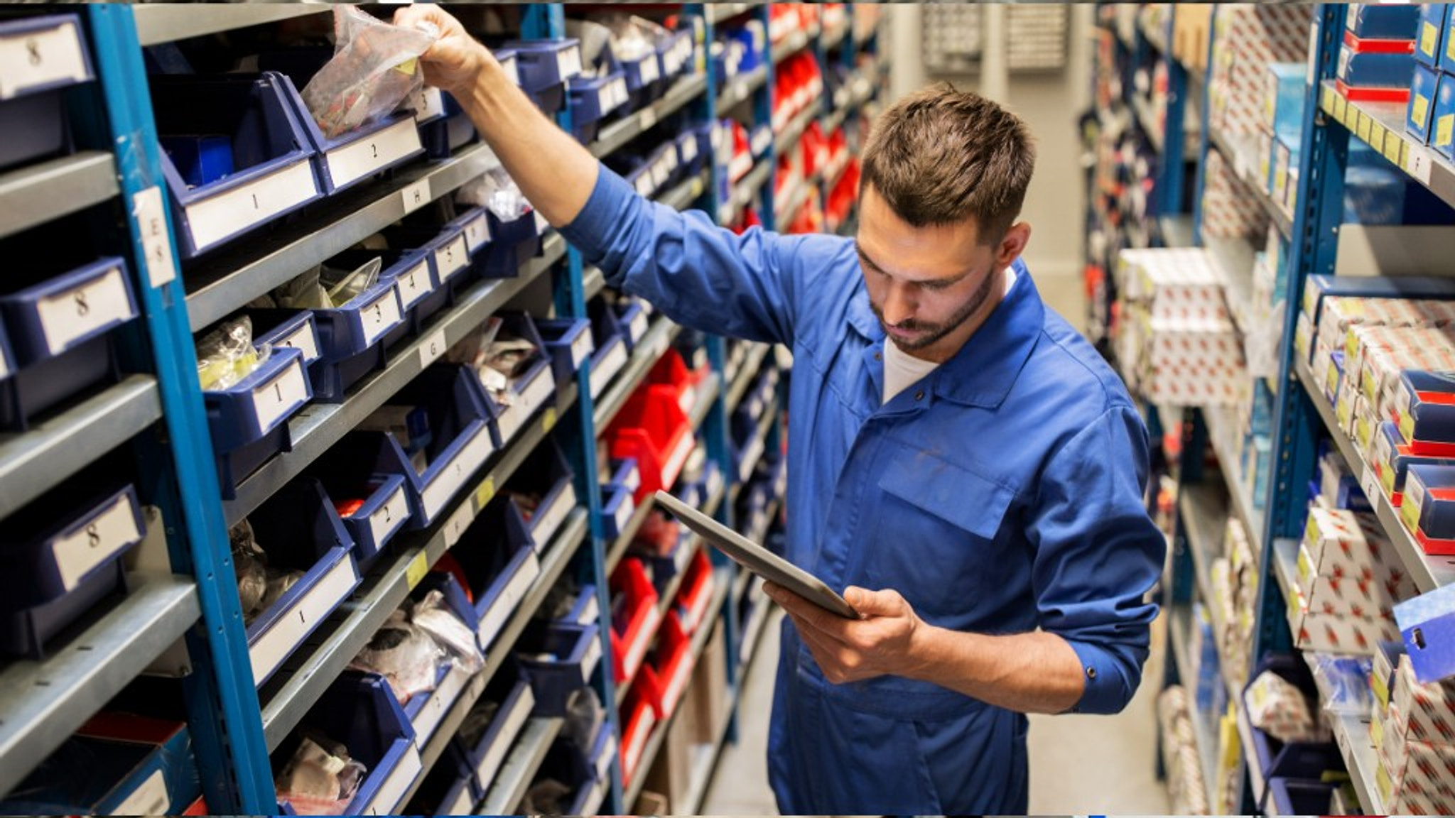 Parts and supplies on shelves in the Euro Car Centre workshop store